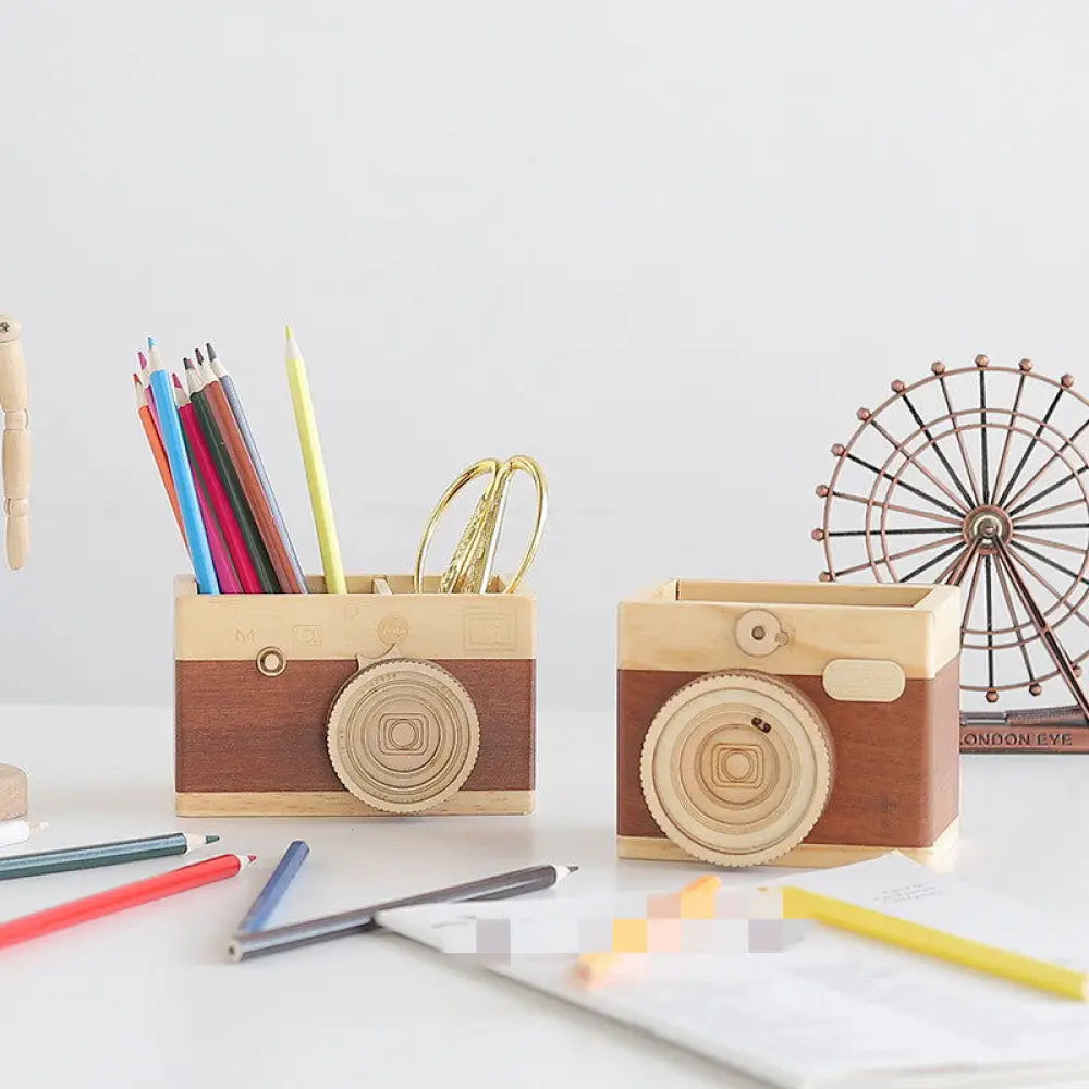 Pen Holder in the shape of Wooden Camera - Kilimanjaro fine craft -  